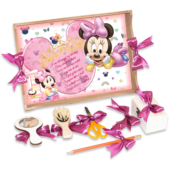 Set Tavita de Taiere Mot si Turta de pentru Fete, Model Baby Minnie Mouse, Prima aniversare de un 1 an, 7 Piese, 24x32cm, Culoare Natur, Funde Roz, TMF21