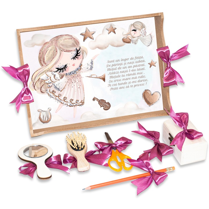 Set Tavita de Taiere Mot si Turta de pentru Fete, Model Ingeras, Prima aniversare de un 1 an, 7 Piese, 24x32cm, Culoare Natur, Funde Roz, TMF30