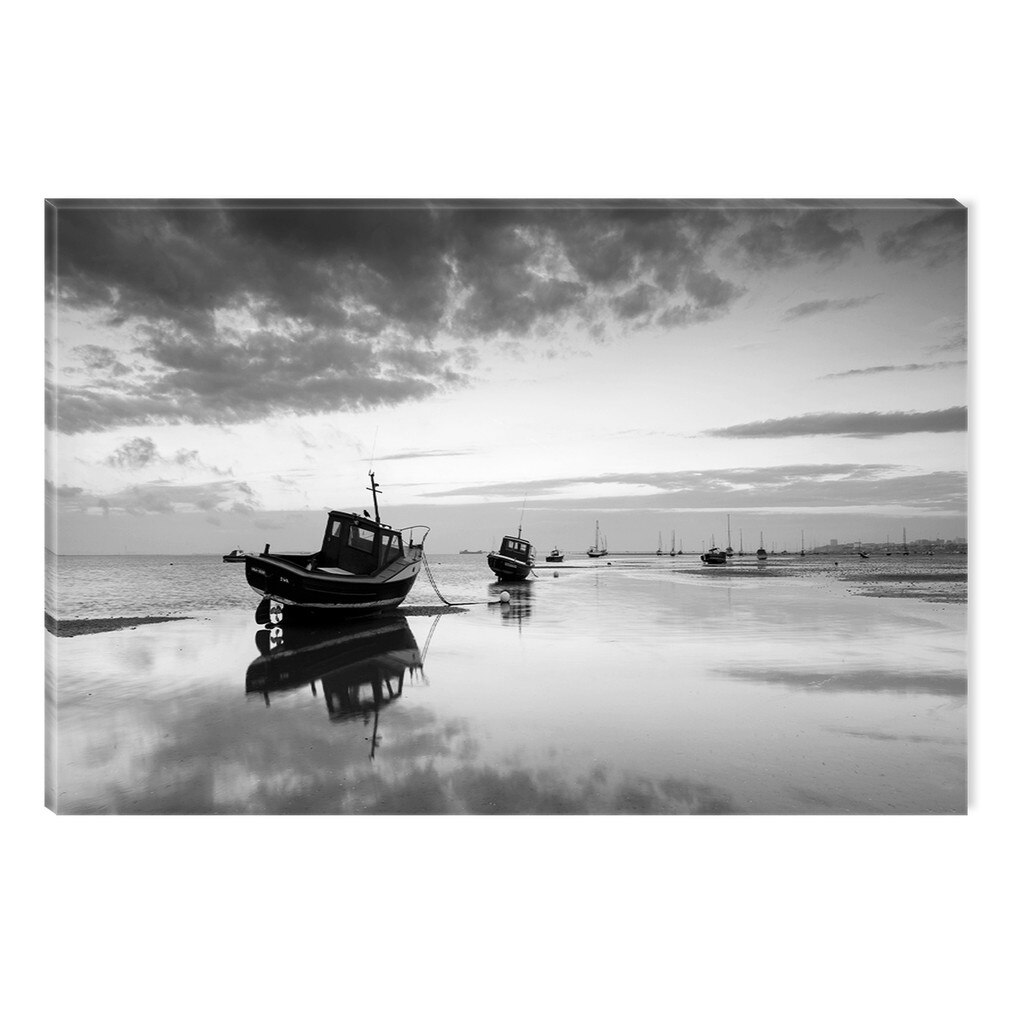 Tablou Alb-Negru Abstract Startonight, Barca pe plaja, luminos in intuneric, 80 x 120 cm