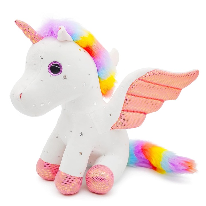 Jucarie de plus Malvys®, Unicorn cu Aripi de Inger, Alb, 30 cm
