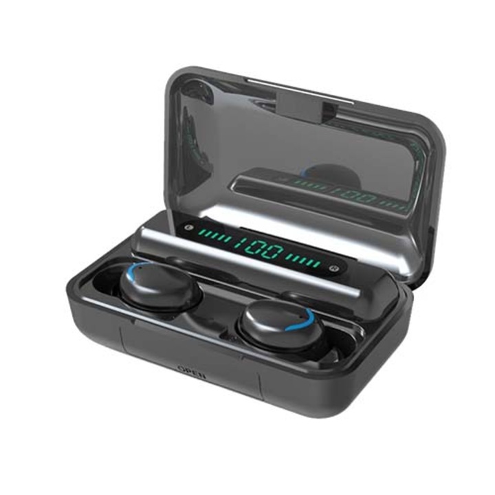 Trandafi Led F9-5C Vezeték nélküli fülhallgató, Bluetooth 5.0, TWS, sztereó, IPX7, digitális kijelző, vízálló, fekete