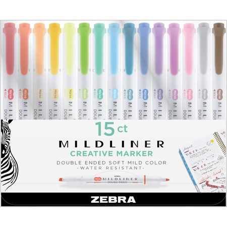 Set 15 markere highlighter, Zebra Mildliner Highlighter, 2 varfuri, 1.4/4 mm, 15 culori