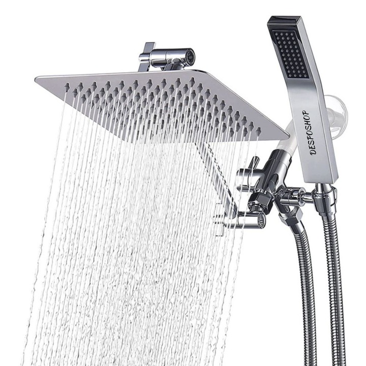 Coloana de dus completa tip ploaie, Baterie dus, Functie economisere apa, Brat de extensie reglabil pentru pozitia dorita, 3 moduri diferite de pulverizare, Instalare usoara, Culoare chrom, Materialul metalic, Plus un burete de baie