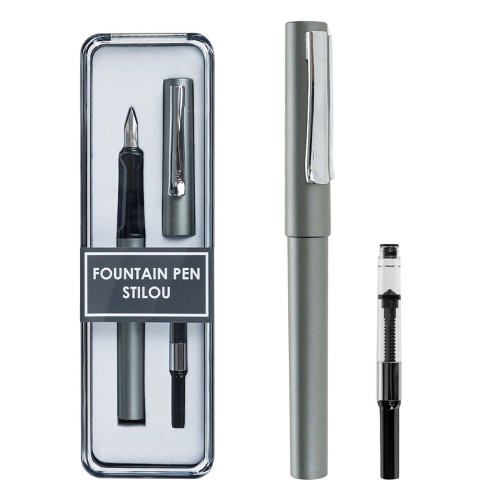 Set stilou gri inchis mat & 1 rezerva cu cerneala