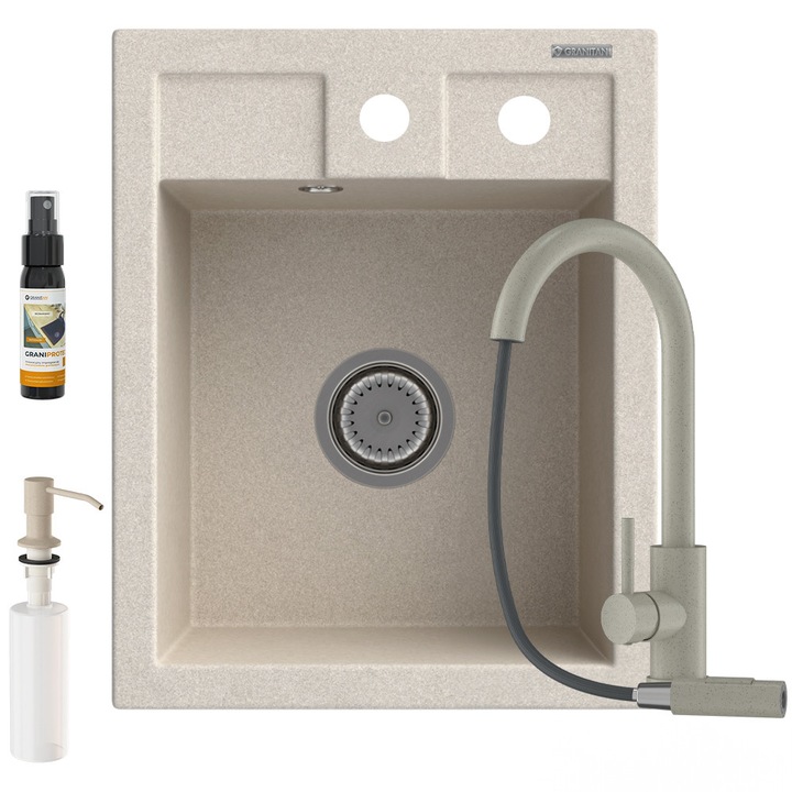 Set chiuveta granit Granitan BEST, bej, 500x400 mm, cu baterie bucatarie monocomanda LIBRA pulverizator extensibil, dozator sapun integrat 400ml, sifon inclus, un vas, rezistenta la zgarieturi si socuri termice, design elegant si functional