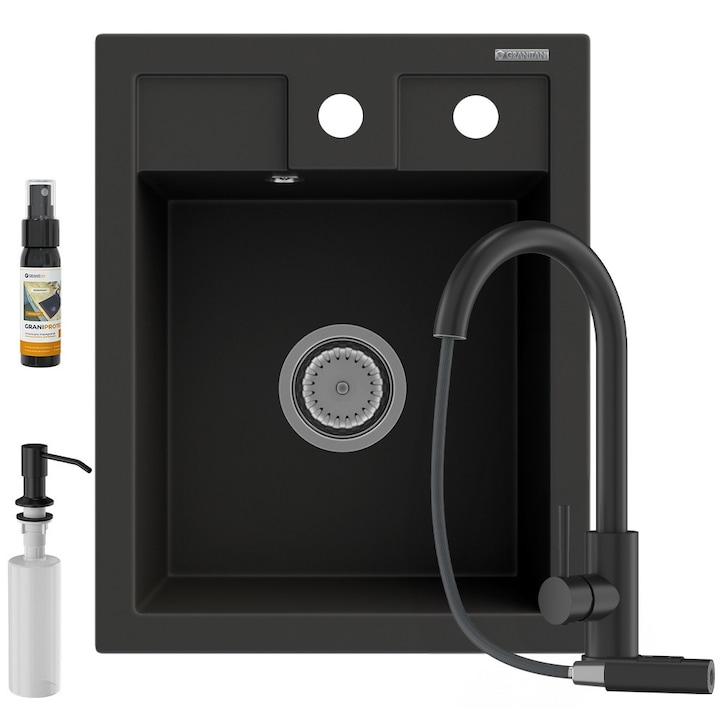 Pachet chiuveta bucatarie Best + Baterie Snake + Dozator detergent lichid Clasic, Granitan, Compozit granit, 400x500 mm, Adancime 182 mm, Montare pe blat, Negru cu pete albe