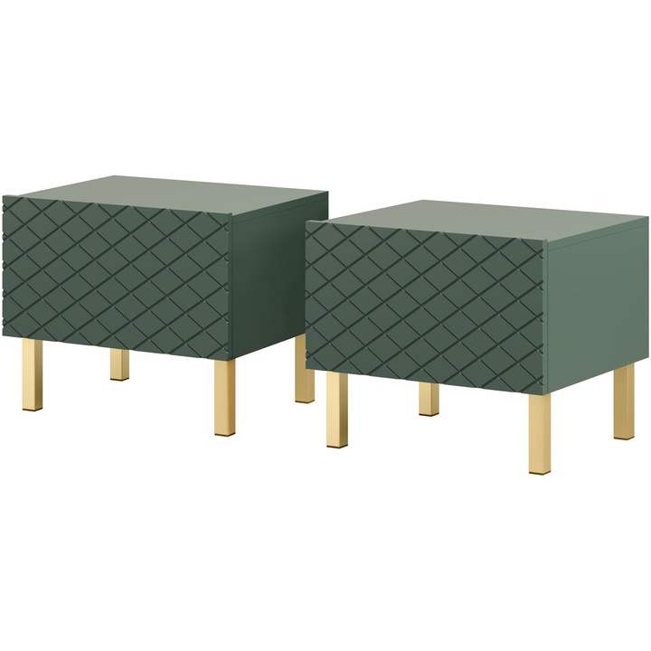 Set 2 noptiere Woodmood Scalia II, 50x40x42 cm, 1 sertar, culoare verde/auriu