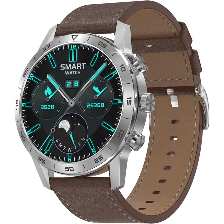 Smartwatch DT™ WA7CH PLUS 1.45" Infinity AMOLED, Bluetooth повикване, GPS, AI Voice Assistant, NFC контрол на достъпа, безжично зареждане, монитор за здраве/фитнес, интелигентни приложения, кожена и силиконова каишка, Eclipse Silver