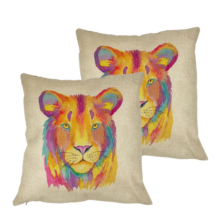 Set 2 Perne Decorative, Colorful Lion, 40x40 cm, Husa Detasabila