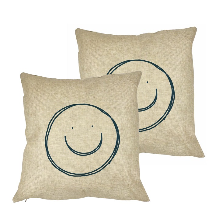 Set 2 Perne Decorative, Model Smiley Face, 40x40 cm, Husa Detasabila