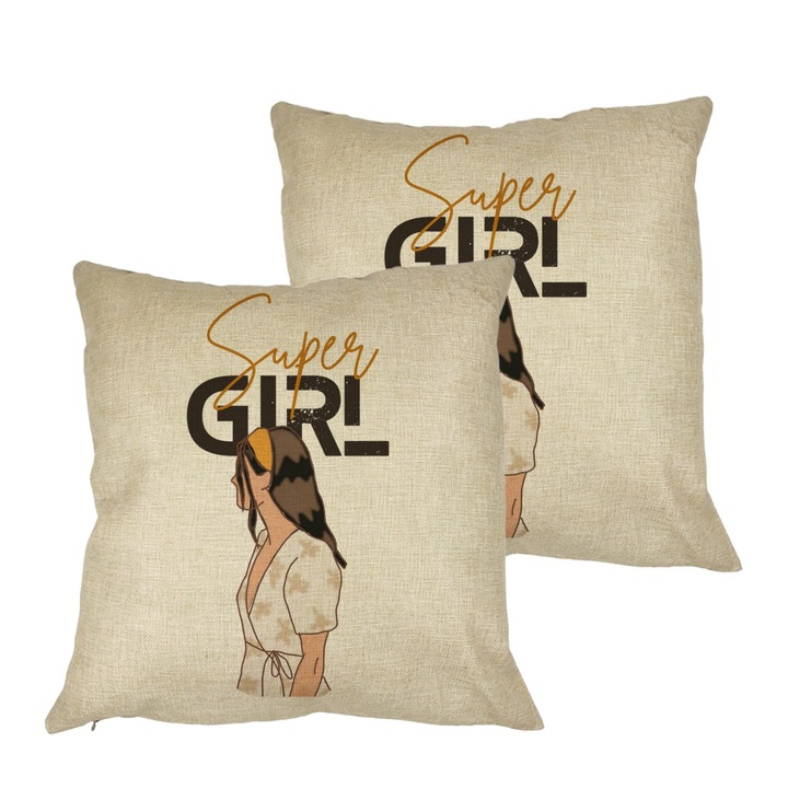 Set 2 Perne Decorative, Super Girl, 40x40 cm, Husa Detasabila