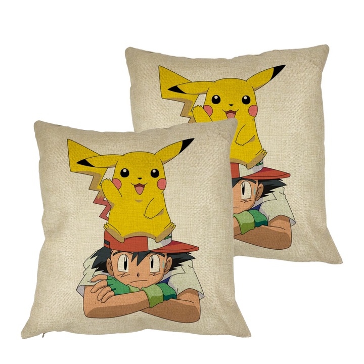 Set 2 Perne Decorative, Model copii Pikachu Pokemon, 40x40 cm, Husa Detasabila