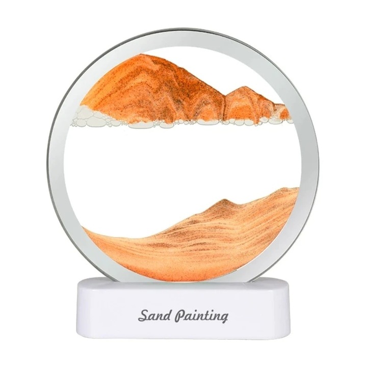 Lampa tip clepsidra, decorativa, cu lumina LED, cu imagine dinamica, nisip miscator, anti stres, alb/galben