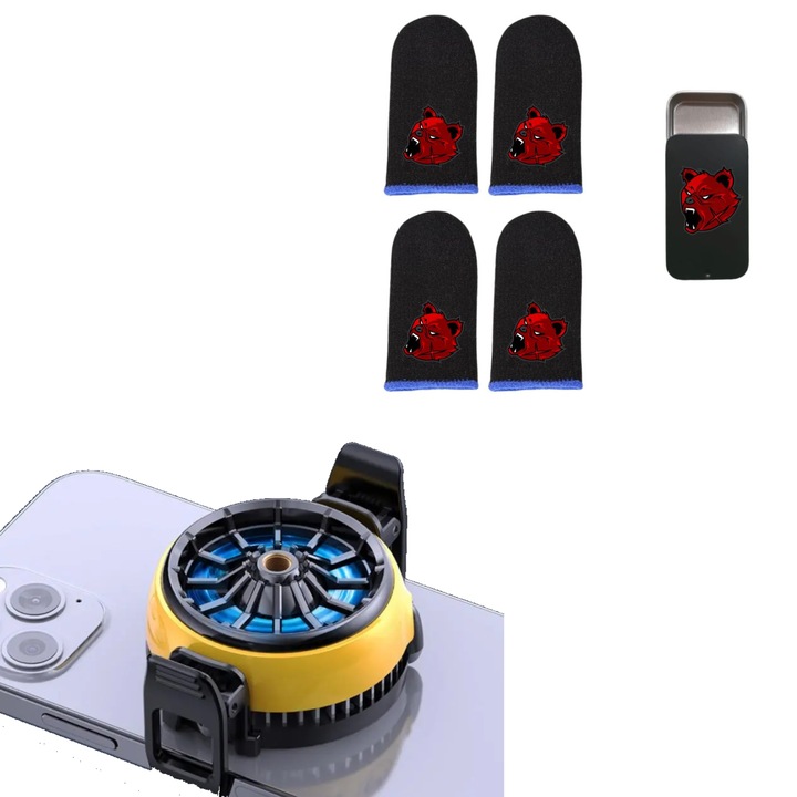 ProGames PRO csomag, 1 db telefonhűtő, MEMO DLA6 modell, és 4 db Angry Bear v6 játékkesztyű, kék, és fém tárolódoboz