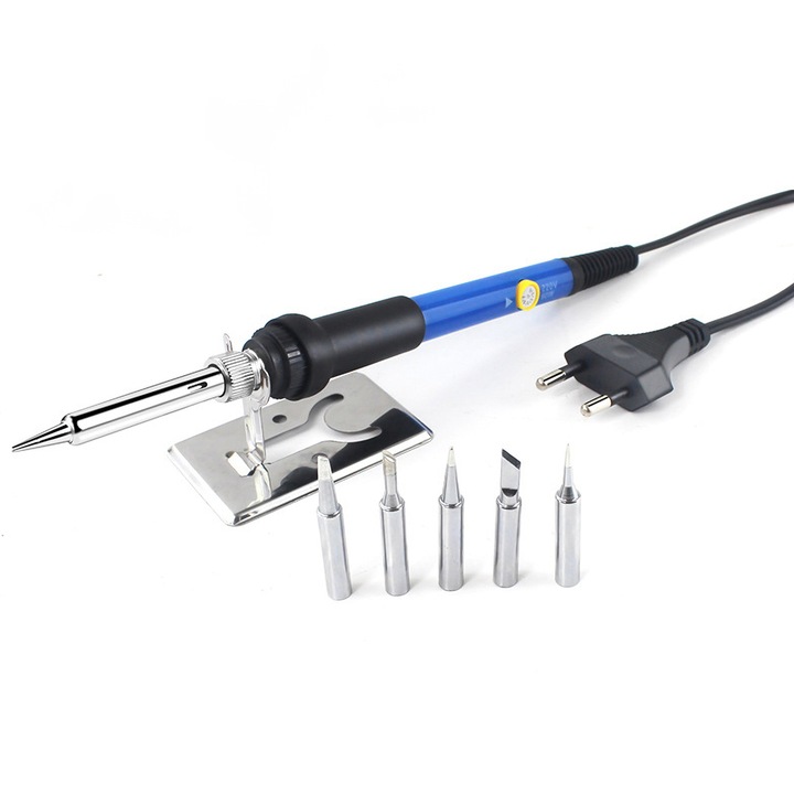 Elektromos forrasztópisztoly, alkatrészek forrasztásához 6 forrasztófejjel, fém talppal