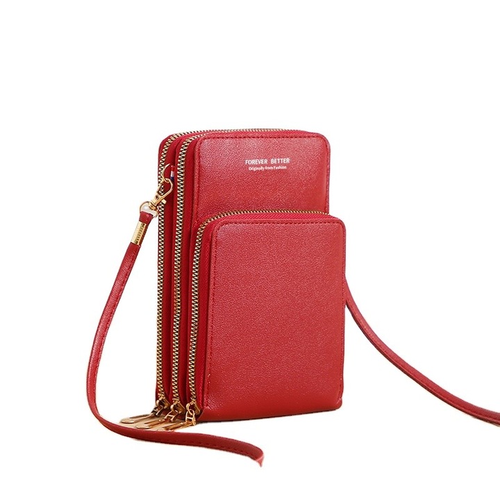 Дамска чанта, За мобилен телефон с тъчскрийн, Екологична кожа, RFID блокиране, Червена