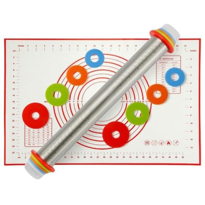 Set sucitor ajustabil, Mindblower, Bucatareala, cu 4 perechi de inele de marimi diferite si plansa gradata pentru aluat, inox/silicon