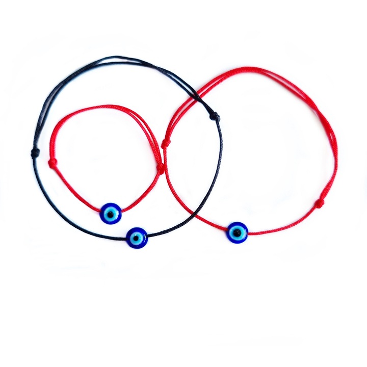 Set 3 Bratari Familie, Mama, bebe si tatic cu ochi de deochi plat, reglabile din snur rosu, negru de matase