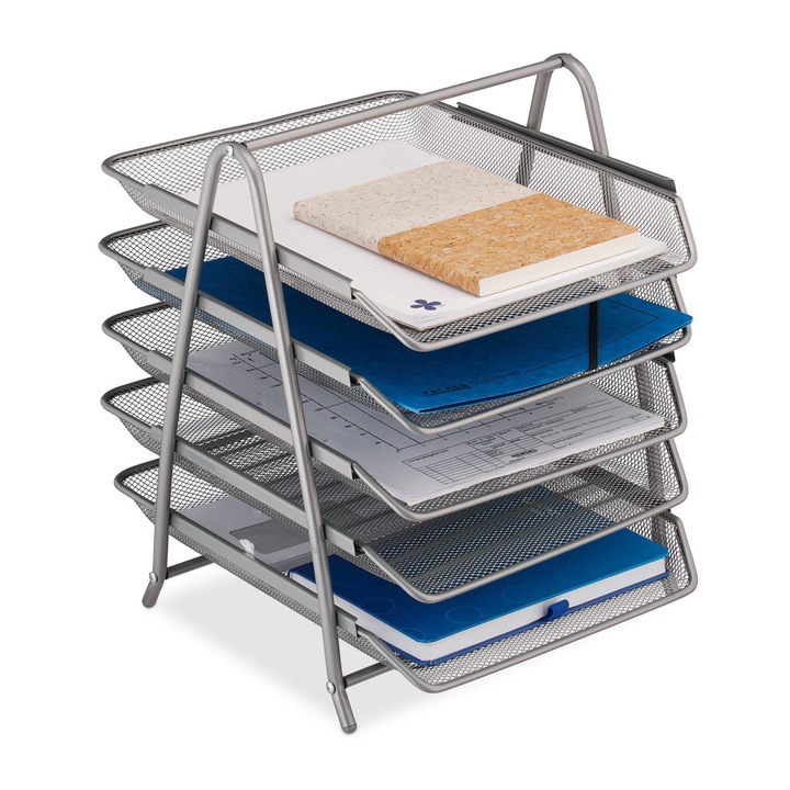 Suport pentru documente, cu 5 compartimente, plasa metalica, format A4 vertical, argintiu, 37,5 x 30 x 35,5 cm