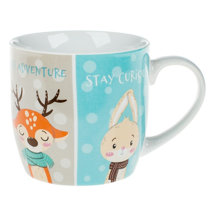 Cana din portelan pentru copii cu imprimeu animale si mesaje de incurajare Shopiens®, 340 ml