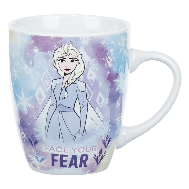 Cana din portelan pentru copii cu model Frozen Anna & Elsa, de culoare lila Shopiens®, 350 ml