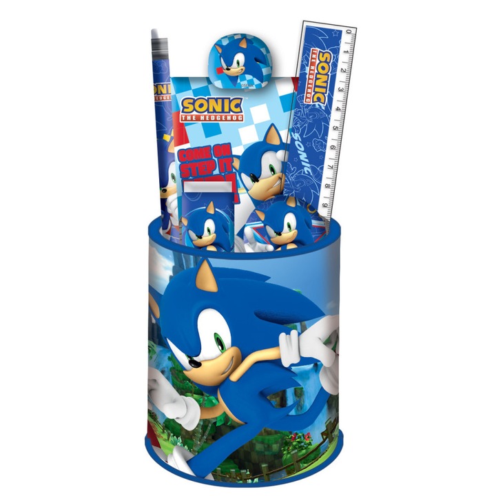 Set 7 rechizite Sonic the Hedgehog, metalic, 24.5x14x7 cm Albastru