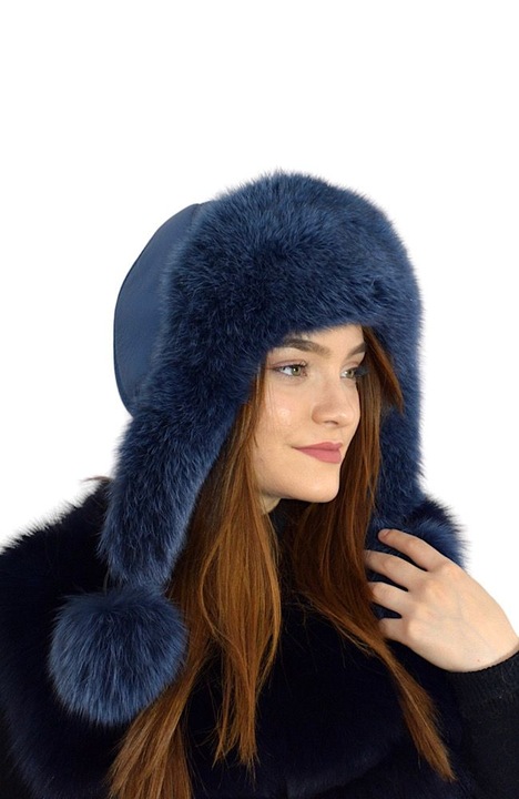 Caciula din blana naturala pentru femei cu urechi, Albastru deschis