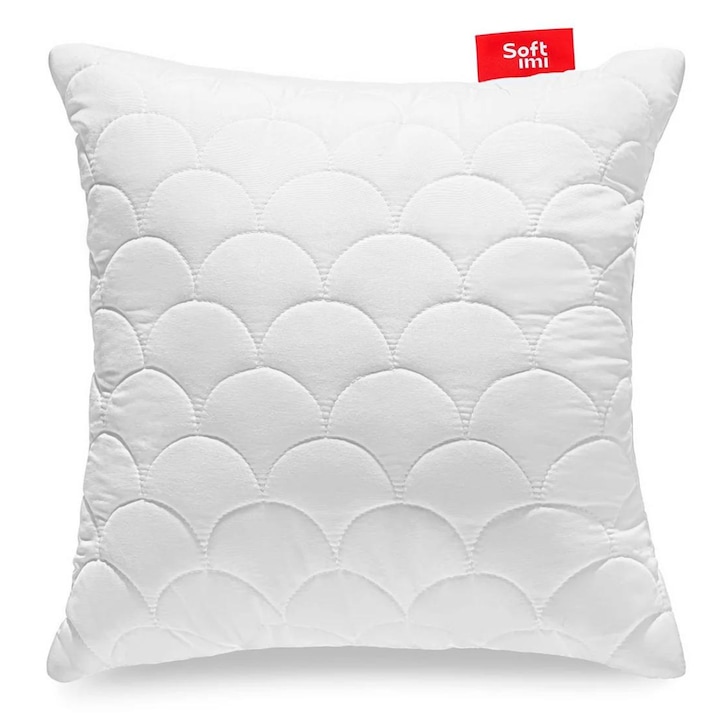 Perna antialergica matlasata ideala pentru dormit 45x45 cm alb, Softimi, groasa, cu fermoar, din microfibra, certificat OEKO-TEX, suport confortabil pentru cap si gat, husa detasabila, lavabila la 60°C