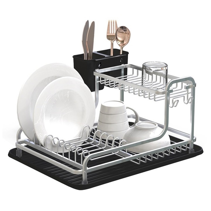 Suport Vase, din Aluminiu si Plastic, cu Tava si suport Tacamuri, 43 x 36 x 22.50 cm, Grunberg GR3231