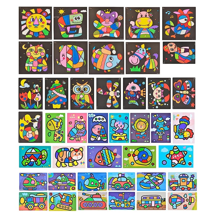 Творчески комплект играчки Рисуване с цветен пясък, Darklove, С 24 цвята пясък и 42 листа книги за рисуване с пясък, за деца над 3 години, Хартия, Многоцветен