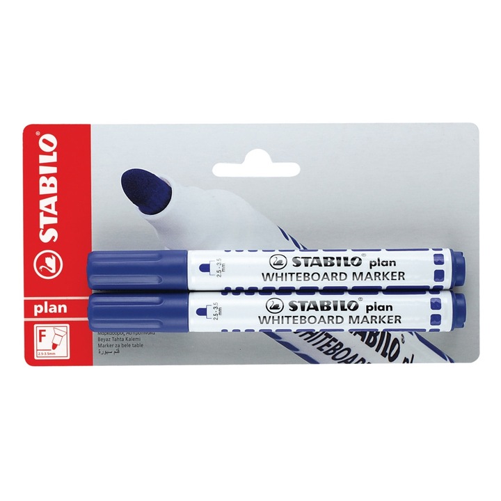 Комплект маркери за бяла дъска, Stabilo, Plan объл връх, 2 броя