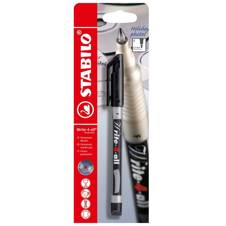 Перманентен маркер в блистер, Stabilo, Write-4-All, Фин писец F, Черен