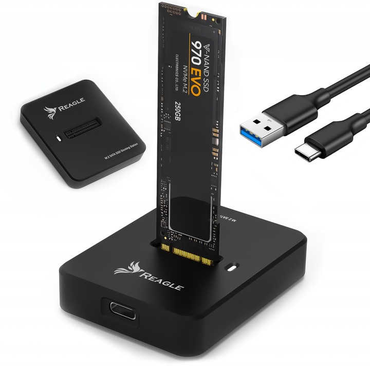Adaptor extern SSD M.2 NVMe/SATA USB-C 3.2 Gen 2 10Gbps compatibil 2230/2242/2260/2280 suport pana la 2TB plug & play montare fara scule compact negru