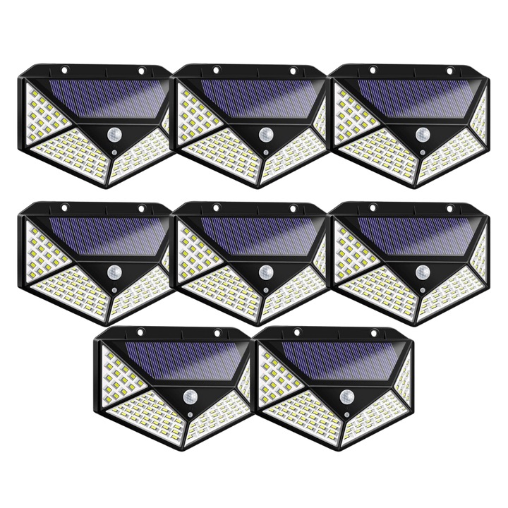 Set 8 Lampi Solare 100 LED, Senzor de Lumina si de Miscare, Buton de ON/OFF si de Setare a Intensitatii Luminii, Incarcare Solara, Indicator Protectie IP65, Lumina Rece, Unghi de detectare 270 Grade, Montaj Pe Perete, Negru