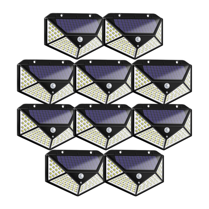 Set 10 Lampi Solare 100 LED, Senzor de Lumina si de Miscare, Buton de ON/OFF si de Setare a Intensitatii Luminii, Incarcare Solara, Indicator Protectie IP65, Lumina Rece, Unghi de detectare 270 Grade, Montaj Pe Perete, Negru