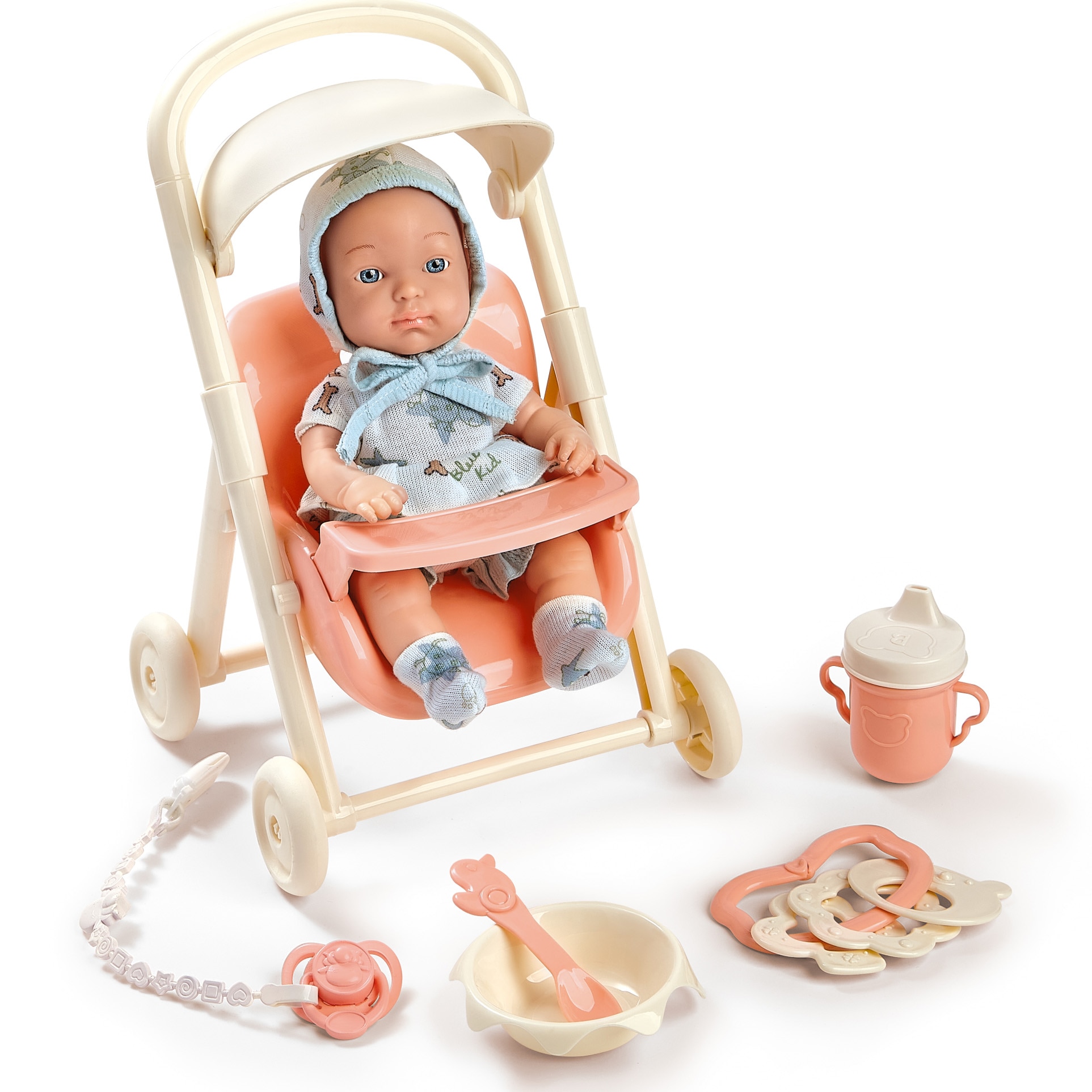 Papusa bebelus Mappy 23 cm, cu carucior si 5 accesorii