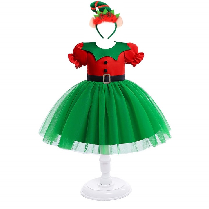 Costumatie serbare fete Spiridusa cu bentita, verde cu rosu, 11-12 ani