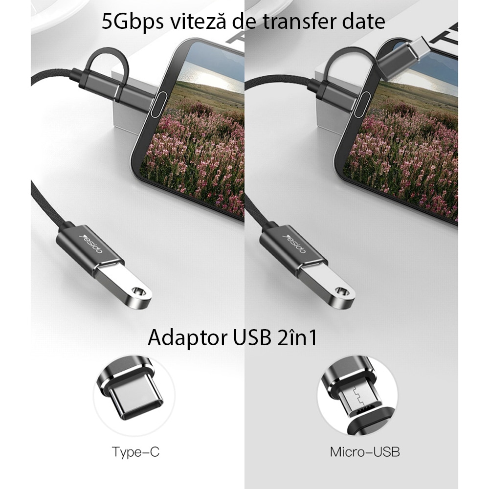 Адаптер Type-C, Micro USB към USB 3.0, OTG, 5Gbps, Yesido (GS02), черен ...