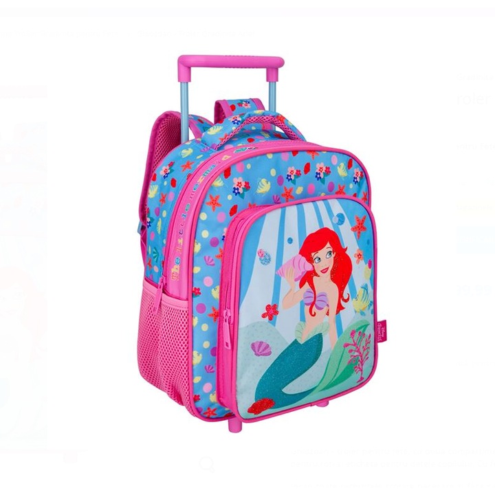 Ghiozdan troler cu sirena Ariel are doua compartimente cu 2 buzunare laterale pentru sticla de apa, pentru fete de gradinita, ATS