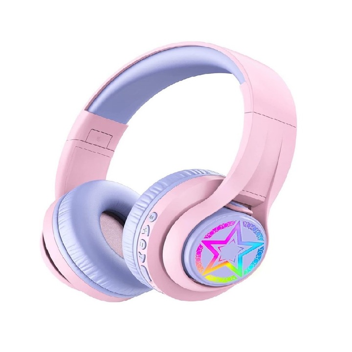Bluetooth аудио слушалки за деца, UP-RGB LED светлини, 3 предни части, ограничена сила на звука 74/85/94dB, 45 часа възпроизвеждане, стерео звук, микрофон, USB-C, 3,5 mm жак, на ухото, калъф за пътуване, iPad таблет, син , iClever BTH16. ТрансНова, Розово
