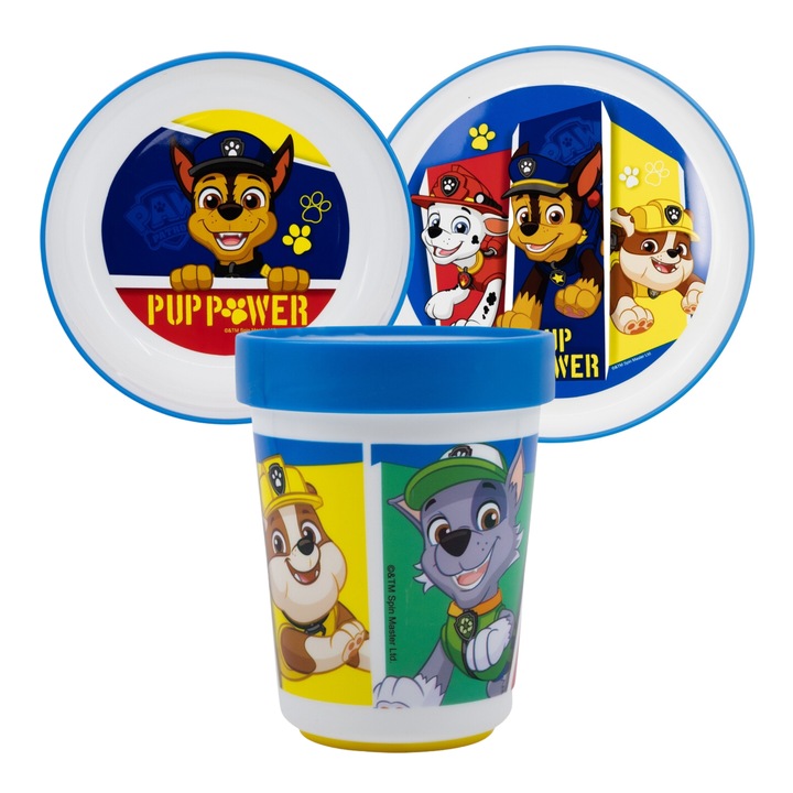 Paw Patrol 3 részes készlet, tányér, tál és pohár, csúszásmentes, többszínű, mikrohullámú sütővel kompatibilis, BPA-mentes