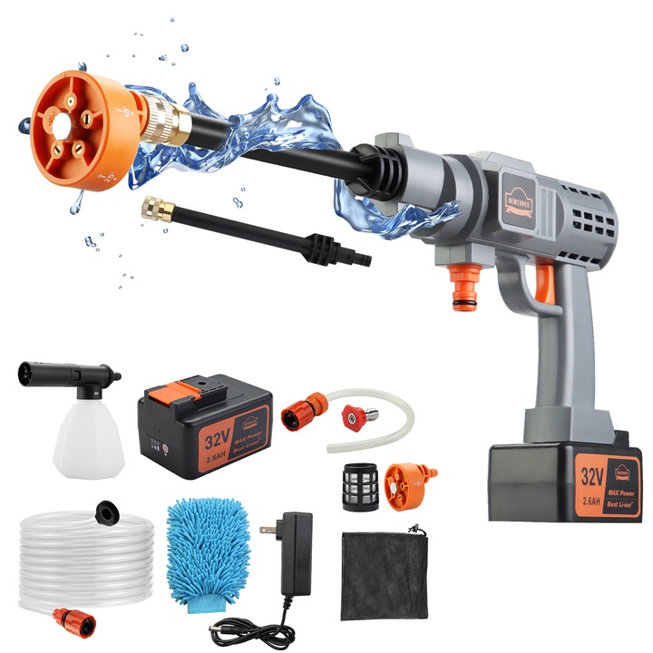Уред за миене под налягане, DEWINNER, 2600, mAh батерии, 32V, 700PSI, многоцветен, с 5-в-1 регулируема дюза, преносим уред за миене под налягане, 1 батерия и зарядно устройство, градински маркуч, гъвкав, 6 м