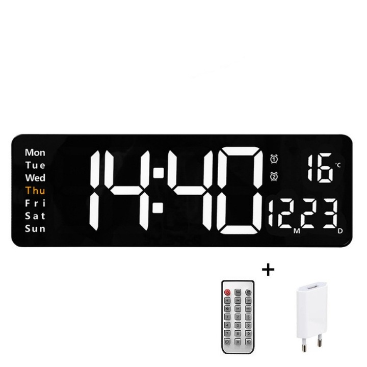 Ceas Digital cu Cronometru si LED Alb – Afisaj Mare 40x13cm cu Temperatura, Alarma si Telecomanda Inclusa, Negru