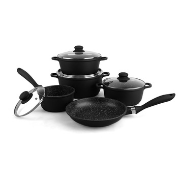 Set oale Amercook, 9 piese, inductie, 24cm/1.1L, 16cm/1.3L, 20cm/2.1L, 2cm/2.95L, 24cm/4.1L, cu capac sticla, Negru