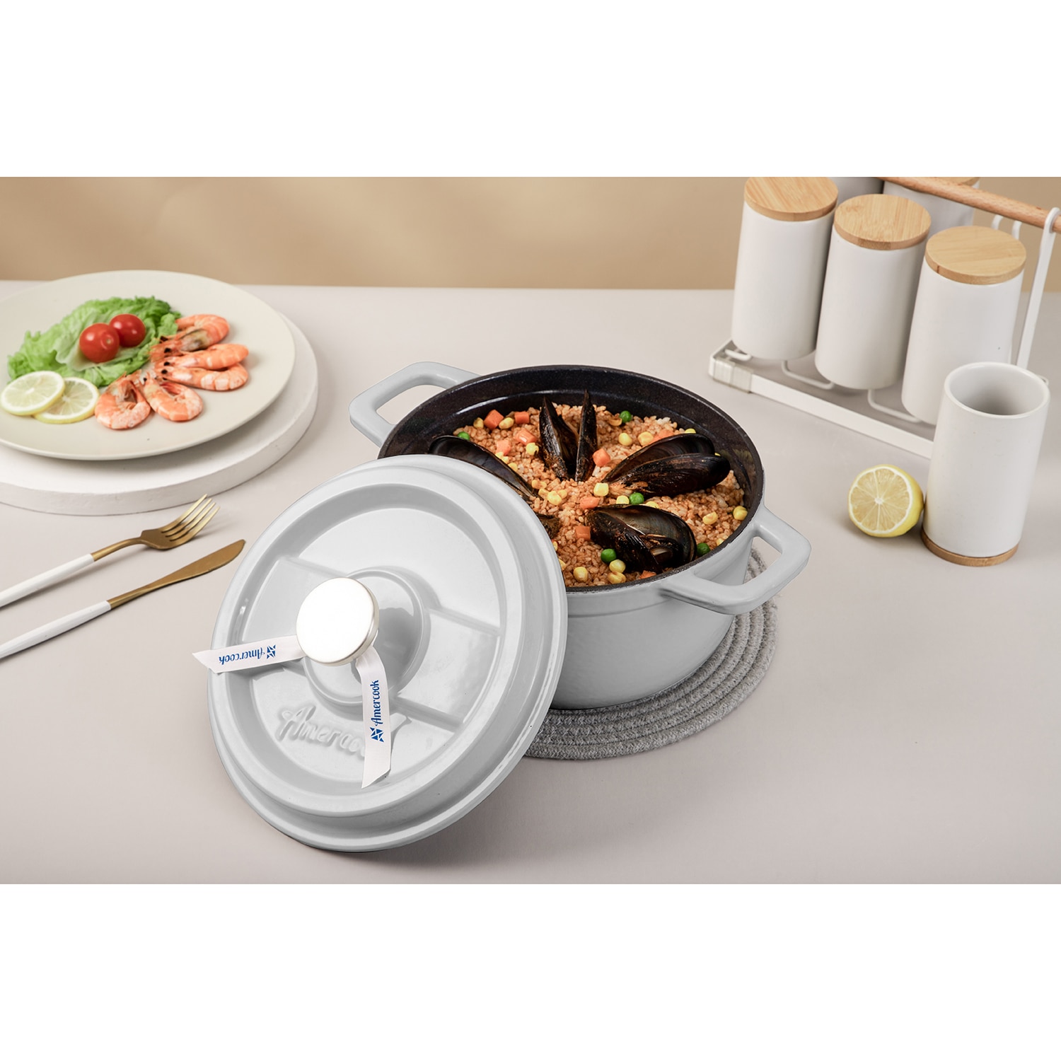 Тенджера Amercook, Емайлиран чугун, 24 см/3.95 л, С капак, Бял - eMAG.bg