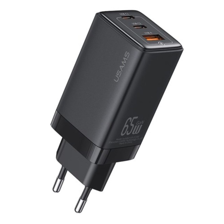 Usams Network GaN Hálózati töltő adapter, 3 port 2 x Type-C, 1 x USB-A 65W, gyorstöltő, fekete