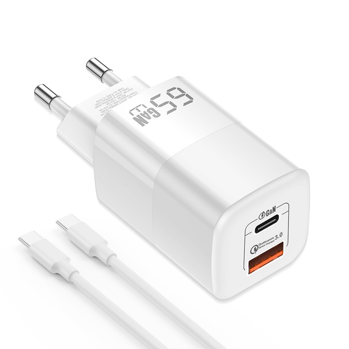 Apple SamSung kompatibilis hálózati töltő, USB Type C, USB3.0, Super Fast Charge, 60W, GaN, Támogatja az iPhone iPad Mac-et, fehér