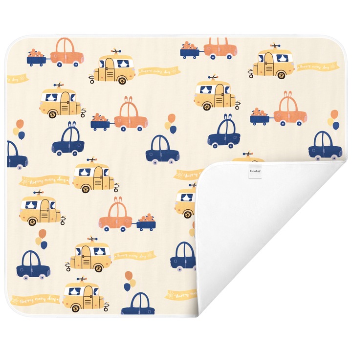 Aleza impermeabila mare pentru copii, FizioTab®, 80x100 cm, absorbanta si lavabila, refolosibila, tip paturica, pentru schimbat scutecul bebelusului, Masinute