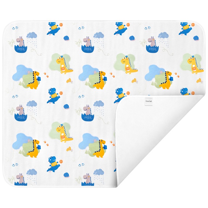 Непромокаема подложка за деца, FizioTab, 80x100 см, абсорбираща и перяща се, многократна употреба, тип одеяло, за смяна на пелени на бебето, Funny Dinos