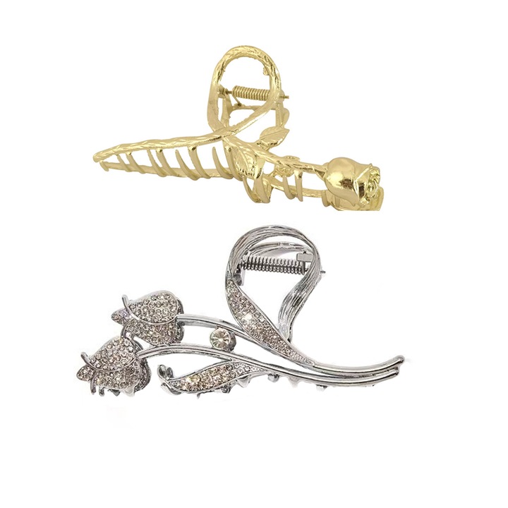 Set 2 agrafe decorative si elegante pentru par, POMAMZ, Argint/Auriu